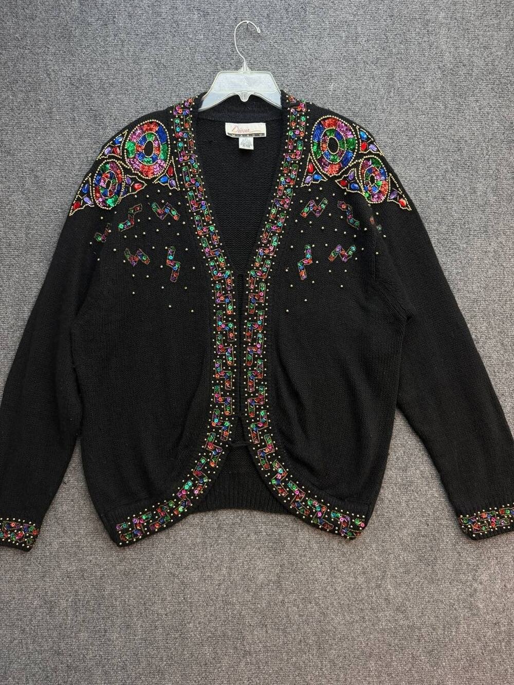 Vintage Diana Marco Women 22 Black Silk Angora Beaded Sequin Cardigan 80s